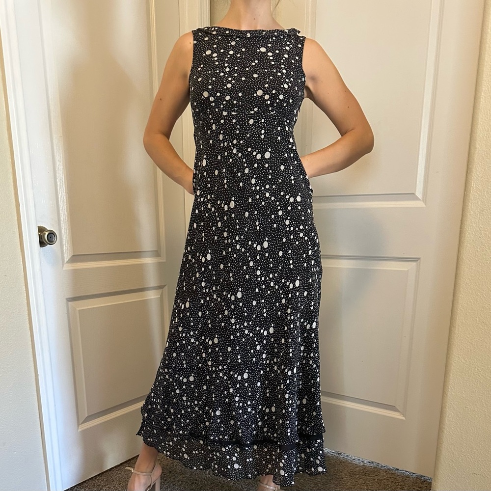 Vintage Black Polka Dot Sleeveless Maxi Dress Boat Neck S